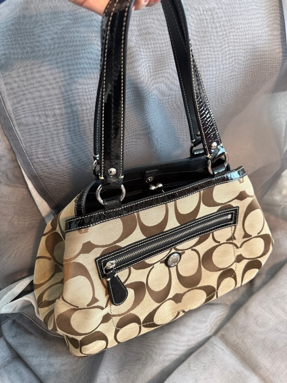 Coach Khaki/Brown Signature Tote with Black Patent Trim